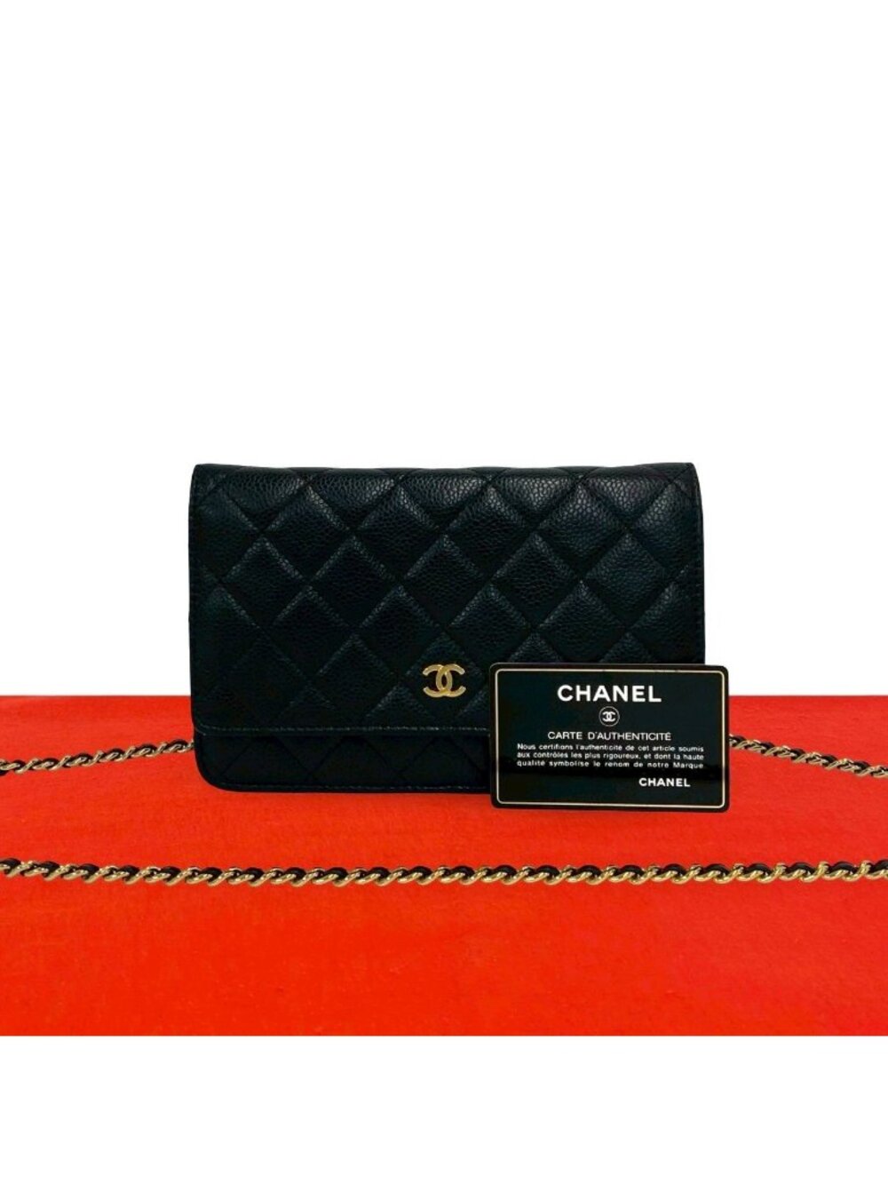 Chanel Card Quilted Coco Caviar Leather Chain Mini Shoulder Bag Wallet Black